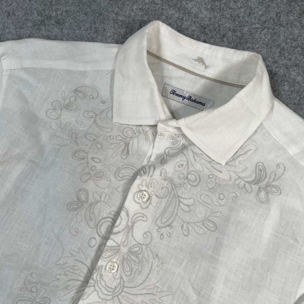 Tommy Bahama Mens Button Front Shirt S White Linen Embroidered Floral LS